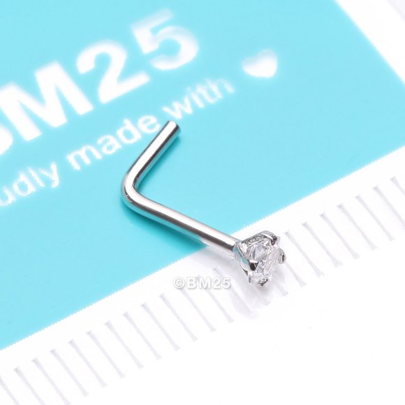 14 Karat White Gold Prong Set Princess Cut Gem Top L-Shaped Nose Ring - Picture 1 of 5